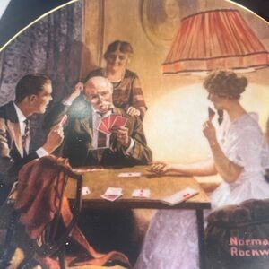 Norman Rockwell Card Game Scene with Red and Brown Accents